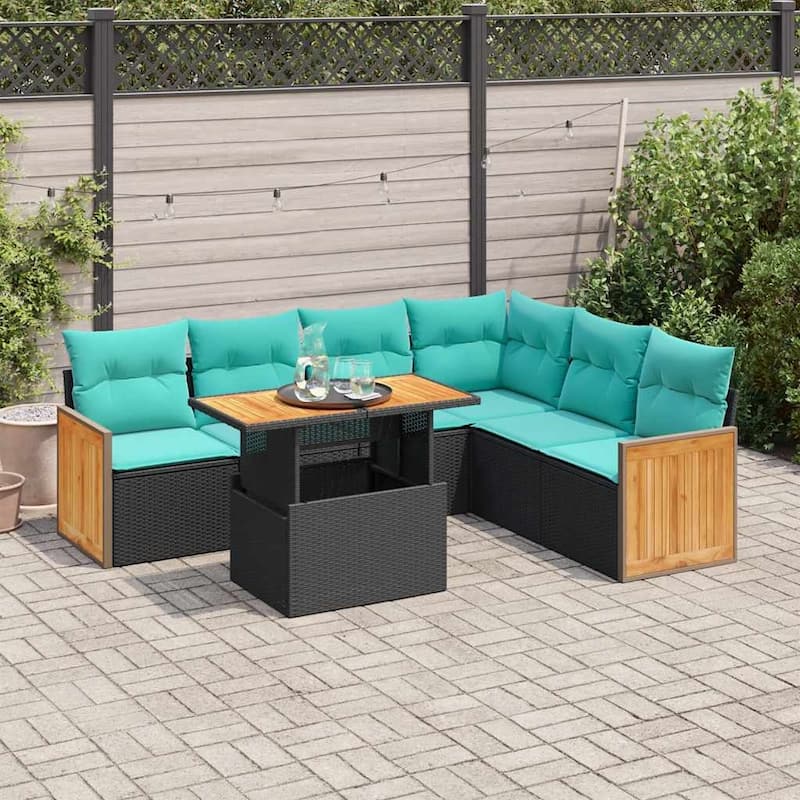 vidaXL Patio Sofa Set with Cushions Outdoor Furniture 6 Piece Poly Rattan - Black-with storage - 24.4 x 24.4 x 27.2