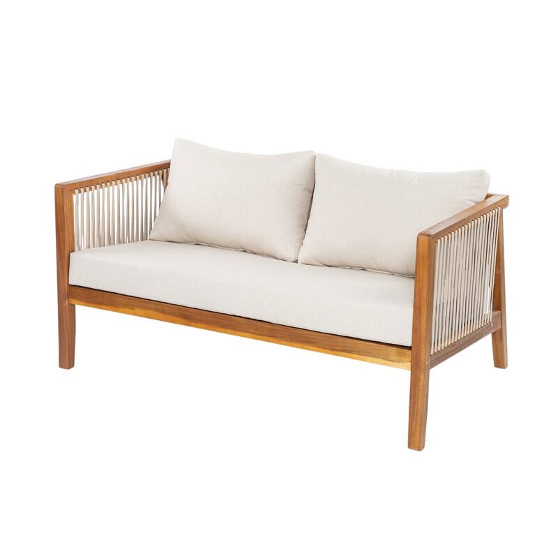 Christopher Knight Home - Outdoor Modern Solid Acacia Wood 4-Piece Conversation Set with Rope Accents and Cushions