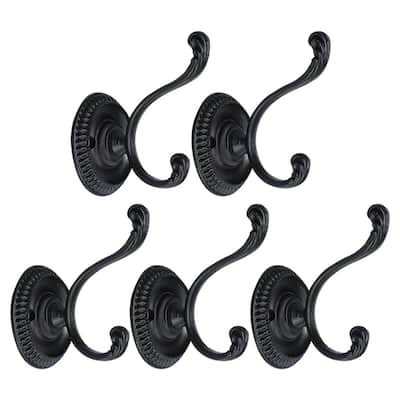 5pcs Dual Robe Hooks Zinc Alloy Bathroom Hooks Towel Hanger w Screws - Black - 2.4" x 1.7" x 2.1"(L*W*H)