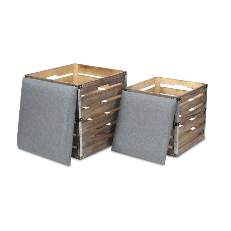 Set of 2 Brown and Gray Handmade Square Storage Bench