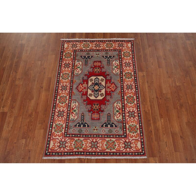 Gray Kazak Foyer Rug Hand-Knotted Wool Carpet - 3'2" x 5'0"