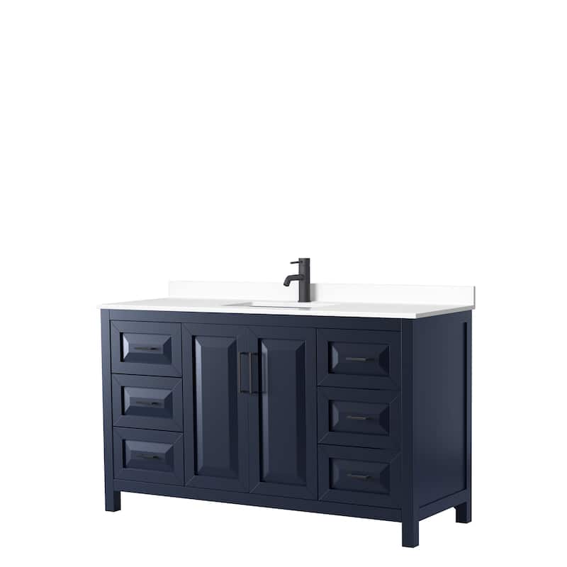 Daria 60 Inch Single Vanity, Cultured Marble Top - Dark Blue, Black Trim, White Cultured Marble Top