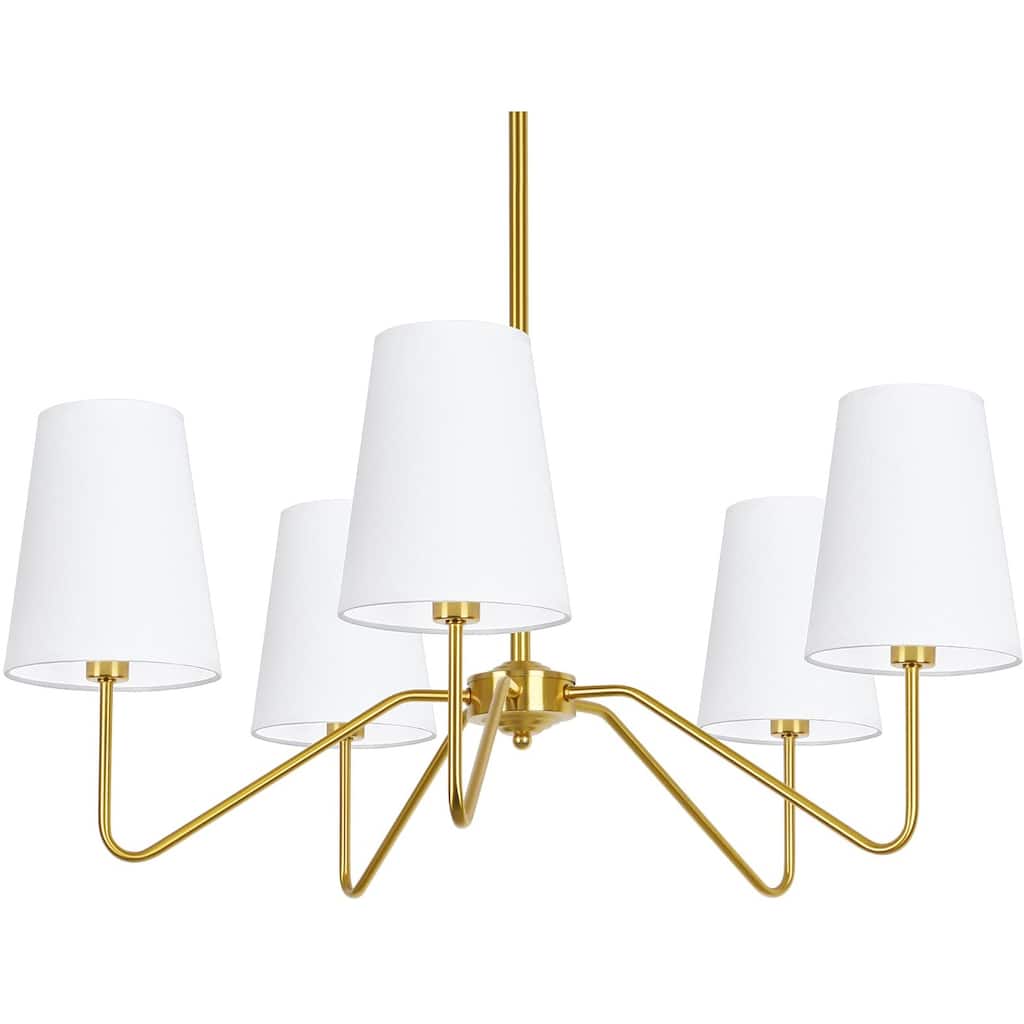5-Light Modern Chandelier with White Shades,30"Brass Gold Chandelier,Classic Pendant Ceiling Light Fixture w/ E12 Base