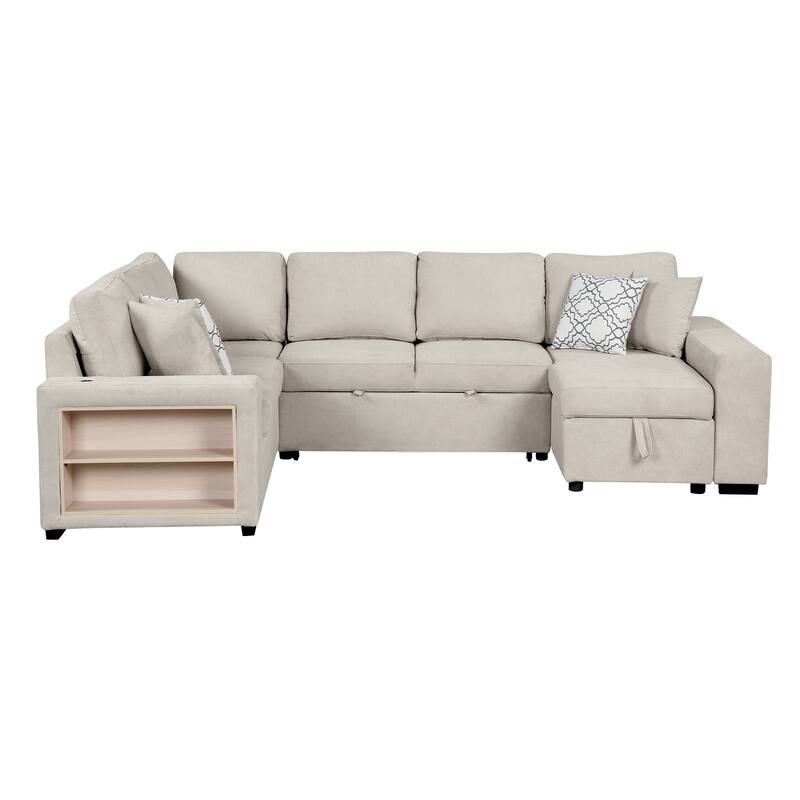 Beige 109" U-Shaped 6-Seat Sectional Sofa with Pull-Out Bed, Storage Chaise, 4 Back Pillows, and USB Ports