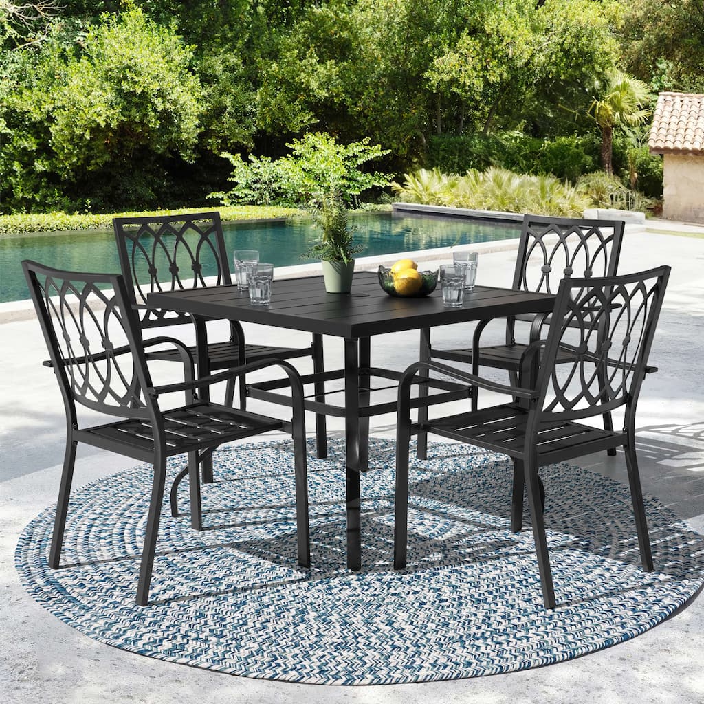 Metal Outdoor Dining Set with Umbrella Hole and Stackable Chairs