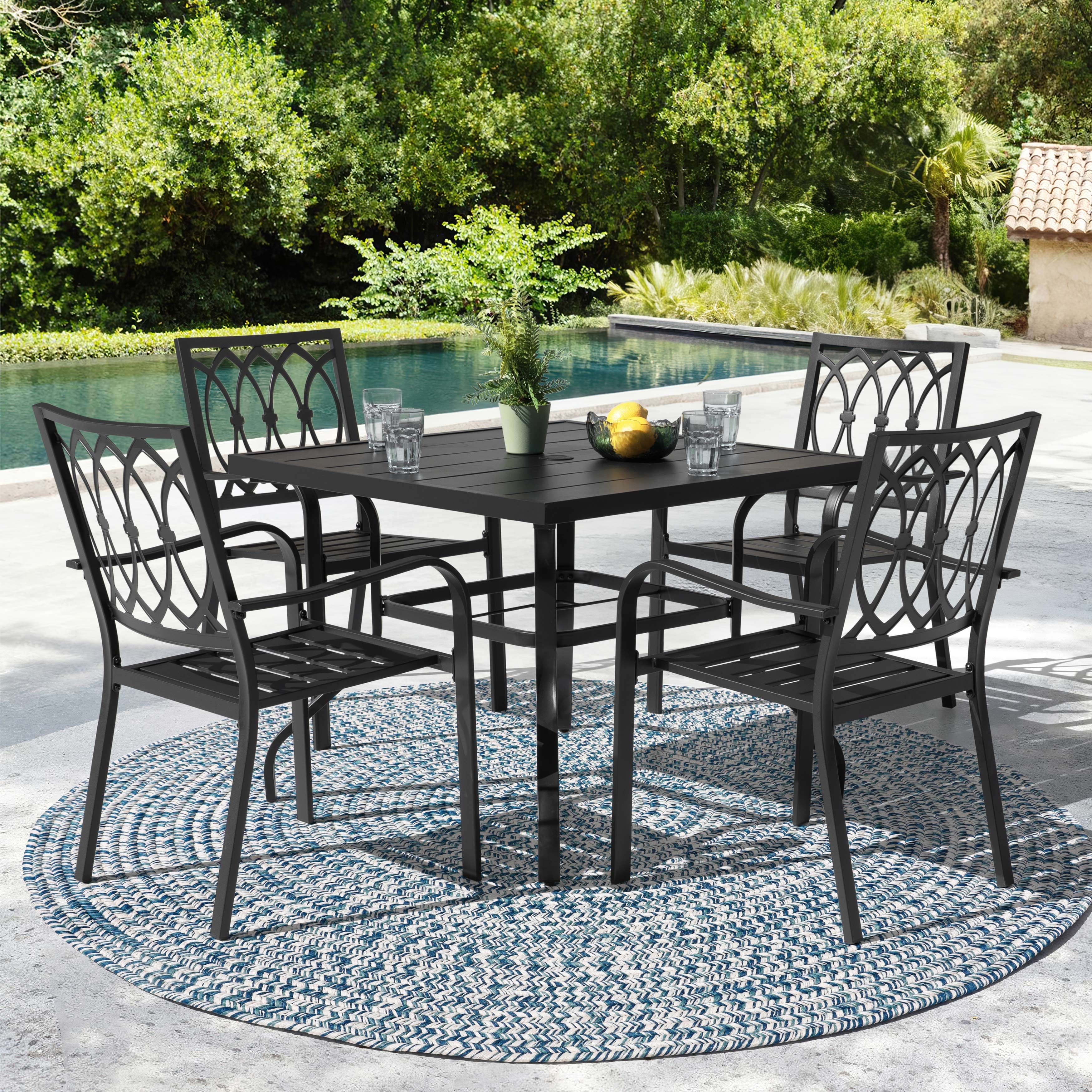 Nuu Garden Metal Outdoor Dining Set with Umbrella Hole and Stackable Chairs