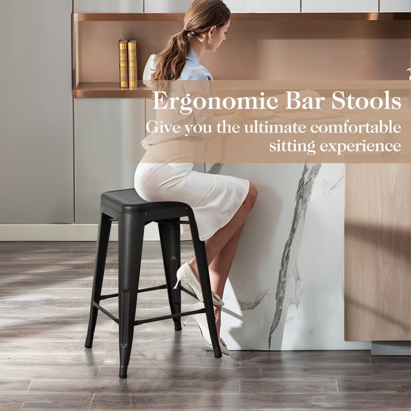4-Piece 24" Space Saving Stackable Metal Bar Stools with Footrest for Kitchen or Patio - 16" x 16" x 24"