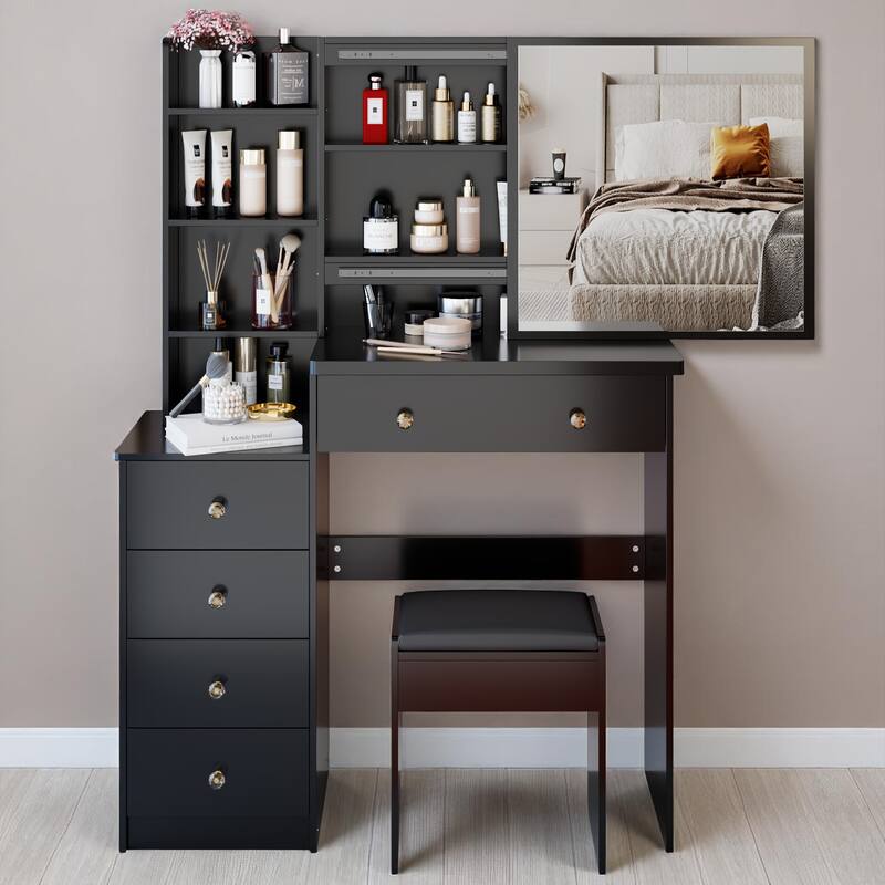 Makeup Vanity with Extra Large Sliding Mirror, 2-Piece Set with Stool, 37" Dresser with Ample Storage