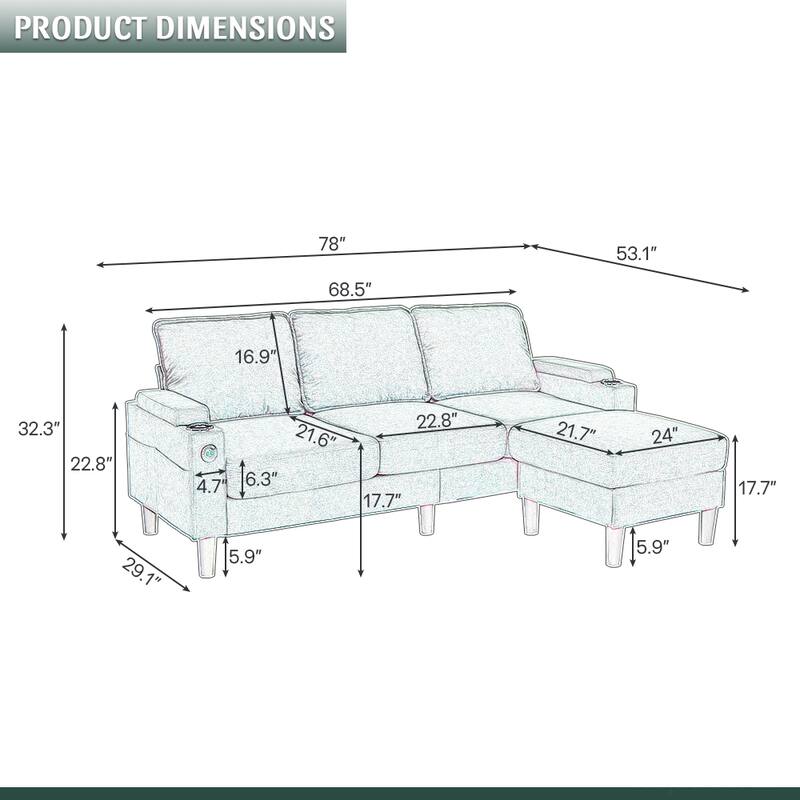 Compact 3-Seat Sofa with Storage Ottoman, L-Shaped Couch with Stool