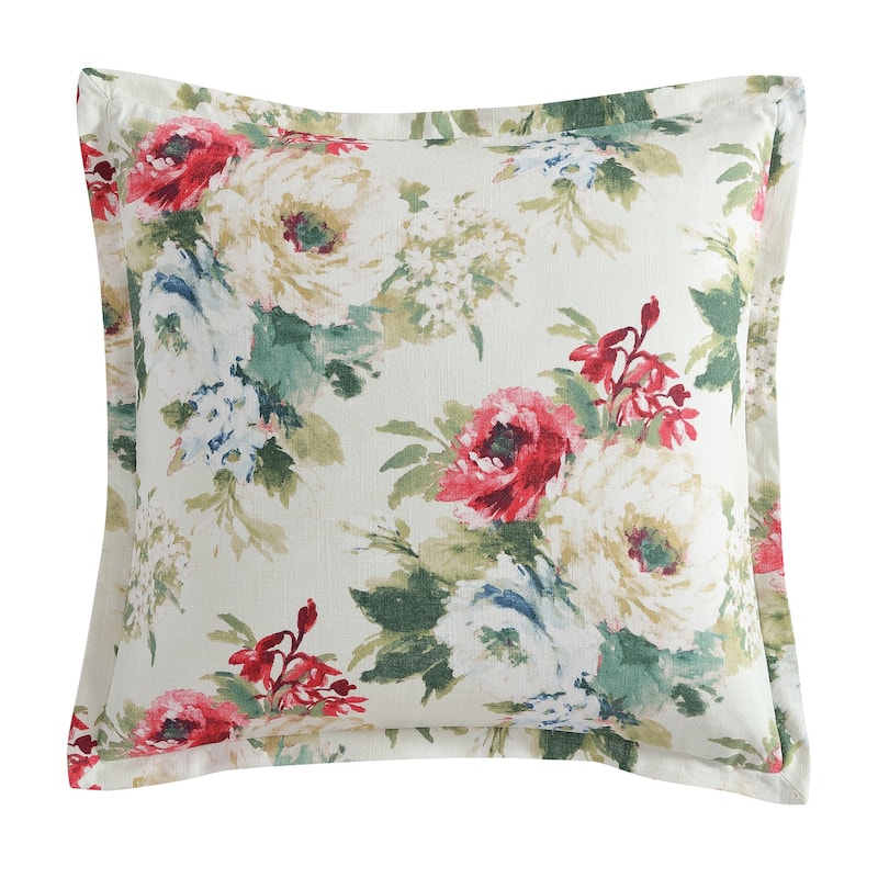 HiEnd Accents Peony Washed Linen Watercolor Flower Print Chic Casual Flanged Euro Pillow Sham, 27x27 inch