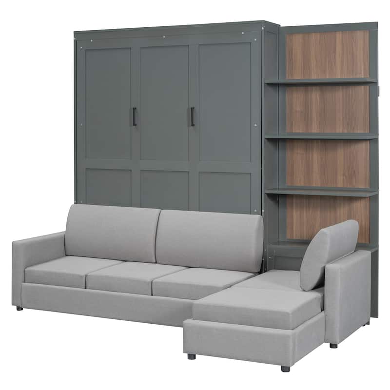 Queen Size Wall Bed with Sofa and Shelves, Gray