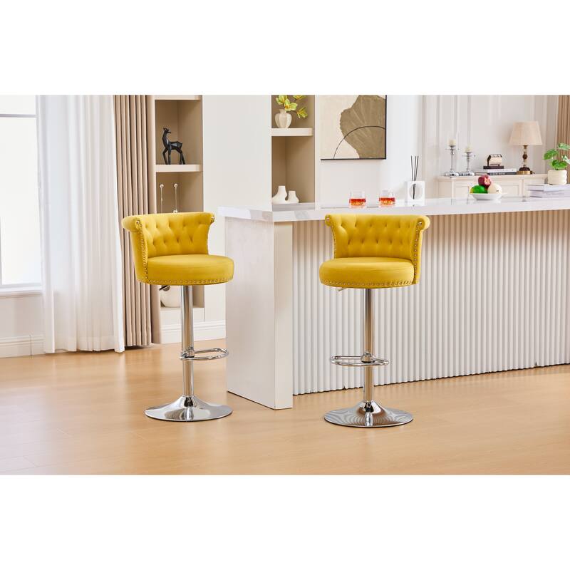 Velvet Bar Stool Set of 2, Adjustable Swivel Bar Stools with Silver Plated Metal Leg, Counter Height Chair