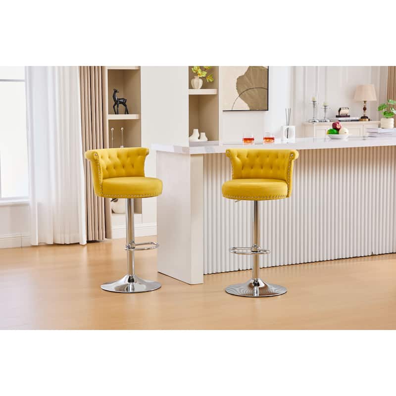 Velvet Upholstered Bar Stool Set of 2, Adjusatble Height Swivel Bar Stools, Dining Chairs with Curved Backrest & Footrest