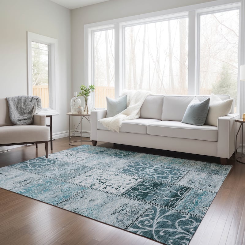 Machine Washable Indoor/ Outdoor Traditional Patchwork Chantille Rug - Teal - 3' x 5'
