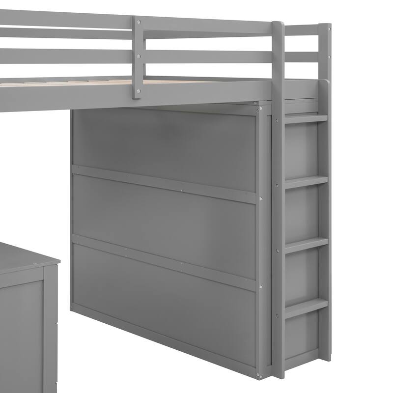 Twin/Full Size High Loft Bed with Drawers, Desk and Wardrobe, Solid Wood Loft Platform Bedframe with Safety Guardrails