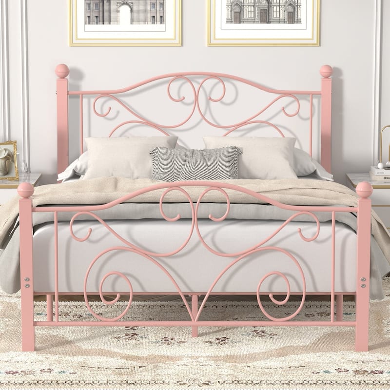 VECELO Metal Platform Bed Frame with Roman Column Floral Scrollwork Headboard No Box Spring Needed Twin/Full/Queen Size