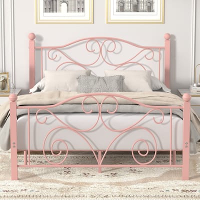 VECELO Metal Platform Bed Frame with Roman Column Floral Scrollwork Headboard No Box Spring Needed Twin/Full/Queen Size