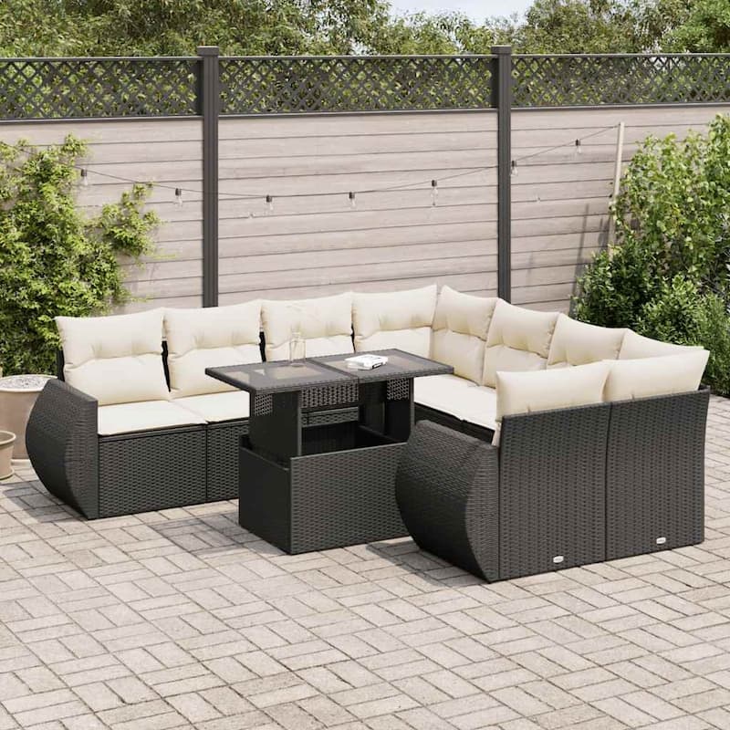 vidaXL Patio Sofa Set with Cushions Outdoor Furniture 9 Piece Poly Rattan - 24.4 x 24.4 x 27.2 - Black and Cream-with storage