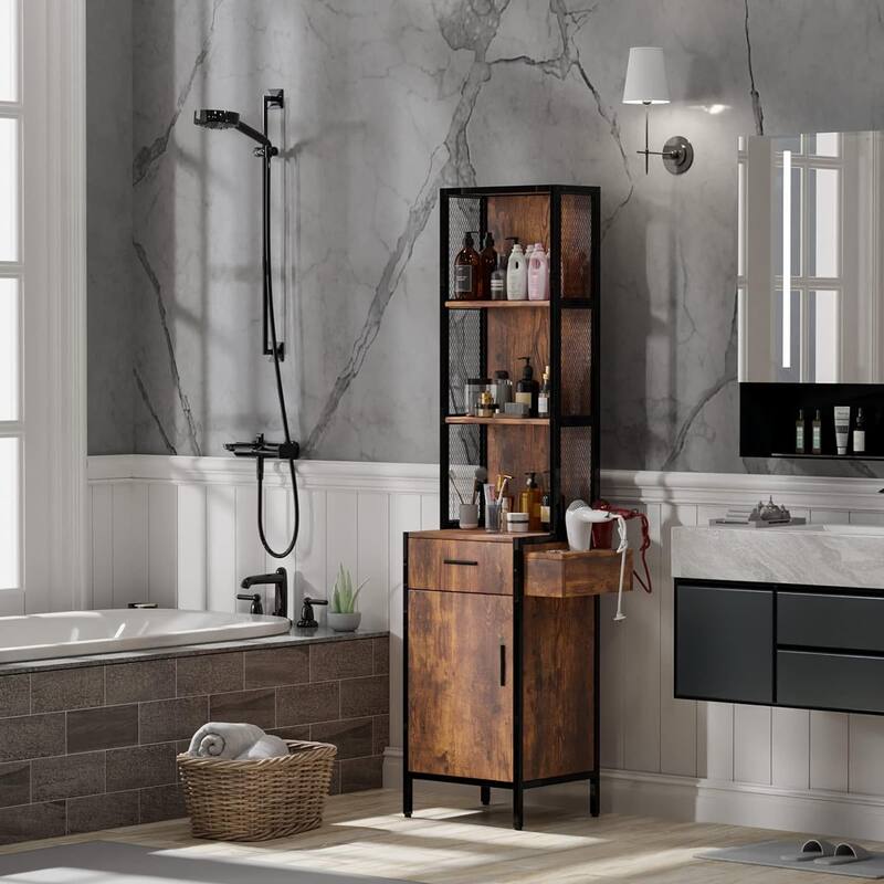 Wall Mount Salon Station for Hair Stylist, Barber Stations with 3-Tier Storage Shelf, Hair Styling Storage Cabinet with 1 Drawer - Rustic Brown