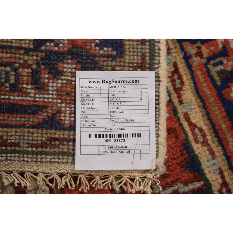 Ivory & Orange Heriz Serapi Indian Foyer Rug Handmade Wool Carpet - 3'0"x 5'1"