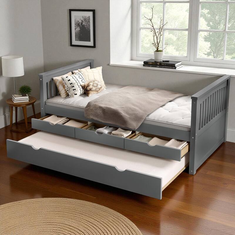 Twin Solid Wood Platform Bed with Drawers and Trundle, Space-Saving Daybed Frame with Storage, No Box Spring Needed - Grey - Twin