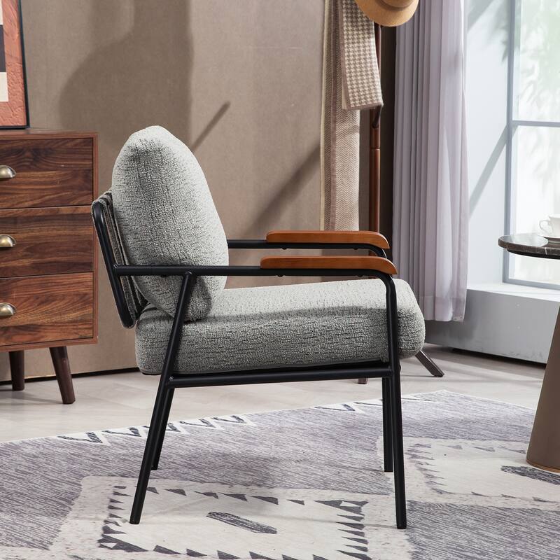 Modern Accent Chair with Natural Wood Armrests and Metal Frame, Upholstered Seat and Backrest, Comfortable Lounge Chair