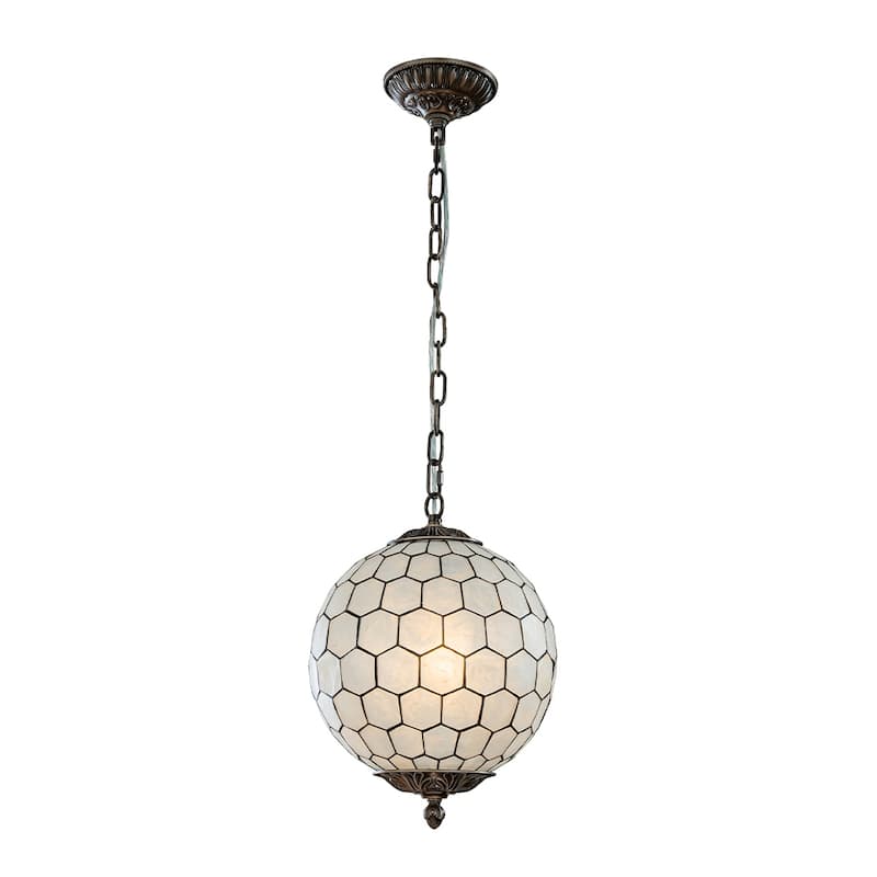 1-Light 12'' Vintage Mid Century Natural Capiz Shell Chandelier Antique Brass French Country Hanging Pendant Light