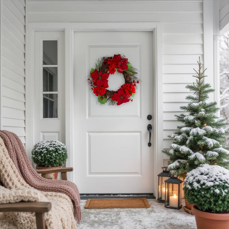 Red Poinsettia Hydrangea Flowers Berries Artificial Wreath 24"