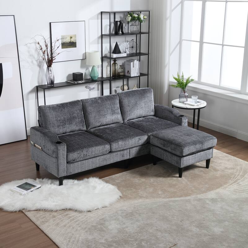 Modular Sectional Sofa with Storage Ottoman, Comfy Chenille Fabric Sofa, 3-Seater Sofa with Side Pockets & 2 Cup Holders
