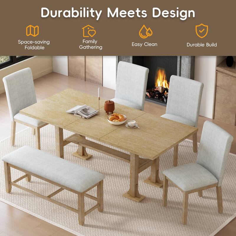 6-Piece Extendable Dining Table Set, Farmhouse Kitchen Table Set with Removable Leaf and Upholstered Dining Chair and Bench