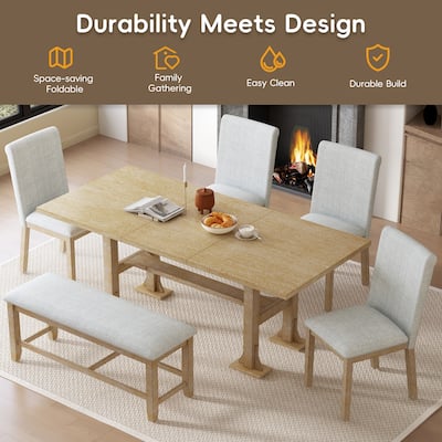 6PC Extendable Dining Table Set w/Removable Leaf and Upholstered Chair