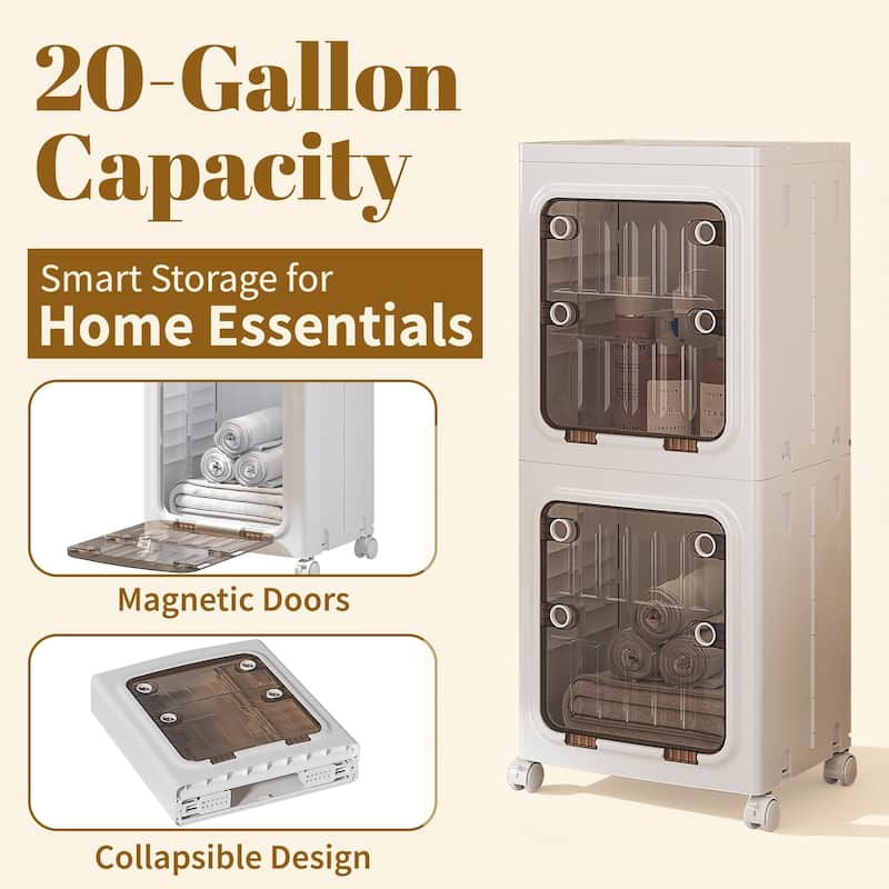 Javlergo 2-Tier White Foldable Stackable Narrow Storage Bins ABS Waterproof Storage Cabinet for Living Room Bedroom Bathroom