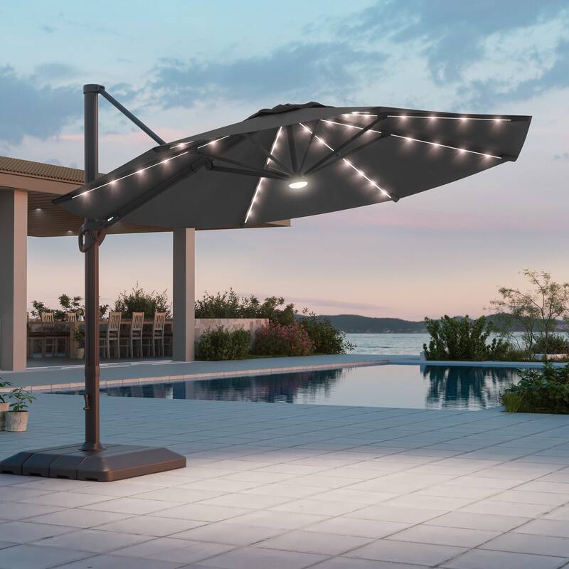 LIVOOSUN 11Ft LED Patio Hanging Octagon Cantilever Umbrella with 360-degree Rotating Canopy - Black