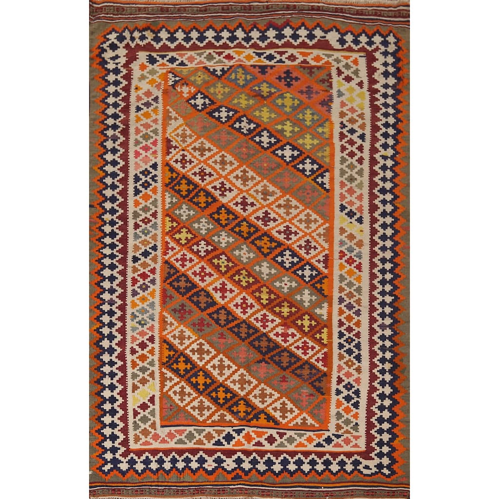 Vegetable Dye Kilim Qashqai Persian Vintage Rug Flatweave Wool Carpet - 4'11"x 7'10"