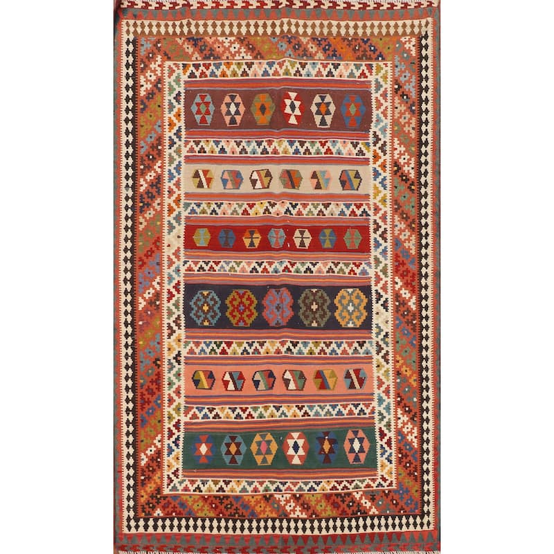 Vegetable Dye Striped Kilim Qashqai Persian Vintage Wool Carpet - 4'11"x 8'0"