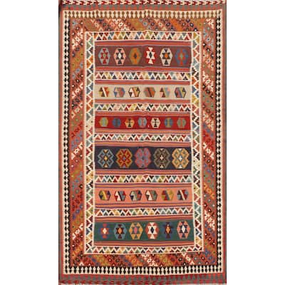 Vegetable Dye Striped Kilim Qashqai Persian Vintage Wool Carpet - 4'11"x 8'0"