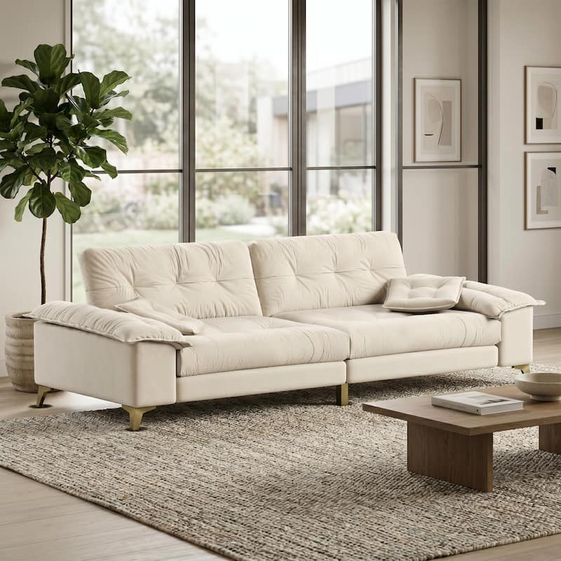 Homy Casa 4-Seat Cloud Sofa with Wide Removable Armrests & Pillows, Golden Legs, Beige Grey - Beige