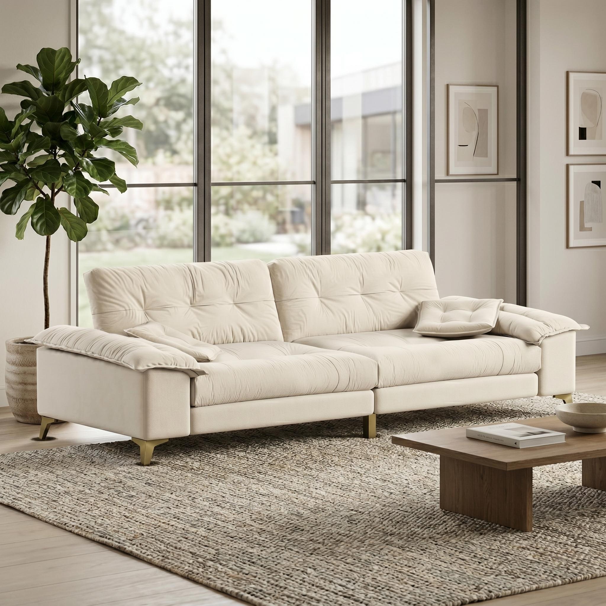 Homy Casa 4-Seat Cloud Sofa with Wide Removable Armrests & Pillows, Golden Legs, Beige Grey