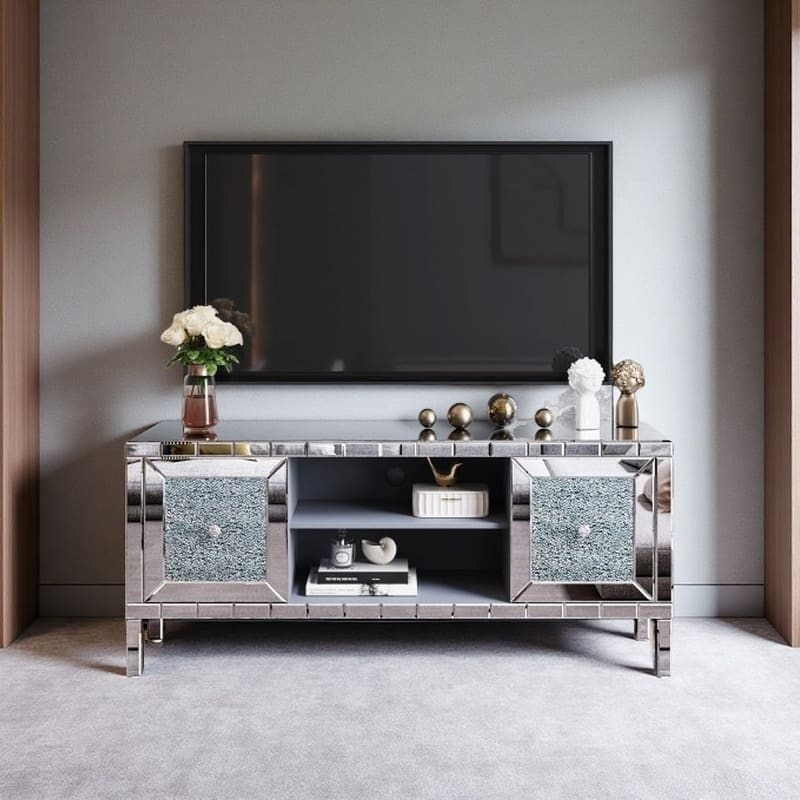 60" Crystal Mirrored TV Console with Sparkling Diamond Glass Doors, Adjustable Shelves & Open Storage