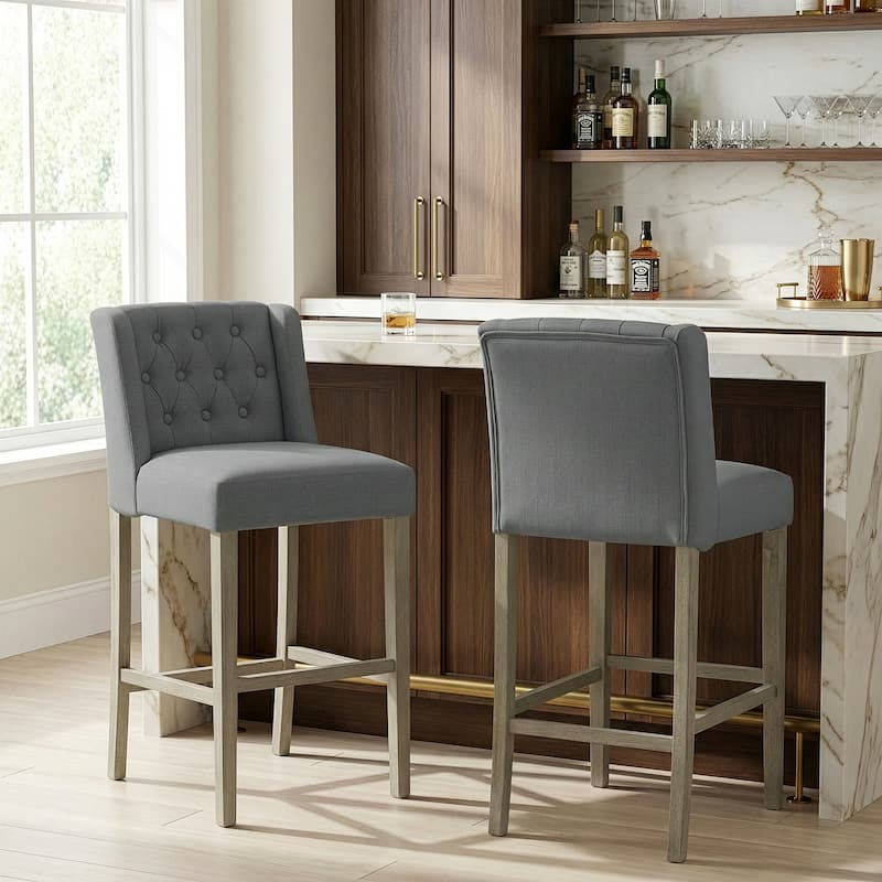 Set of 2 Aled Grey Fabric Bar Stool with Side Wings and Tufted Buttons