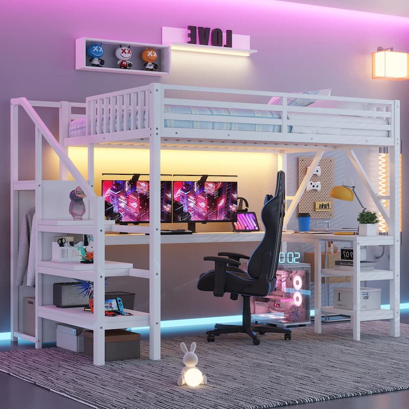 Metal Full Loft Bed with Wardrobe and LED Light, Full Size Loft Bed with L Shaped Desk and USB for Kids Teens Adults