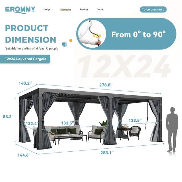 dimension image slide 14 of 30, EROMMY Outdoor Louvered Pergola Gazebo with Adjustable Aluminum Rainproof Roof