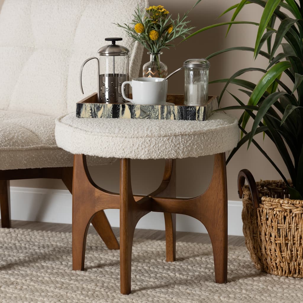 Theo Japandi Cream Boucle Fabric and Walnut Brown Finished Rubberwood Ottoman Footstool