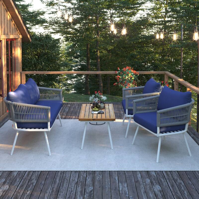 4 Piece Patio Furniture Set, Patio Conversation Set with Acacia Wood Table, 2 Chairs and 1 Loveseat Sofa with Thick Cushion