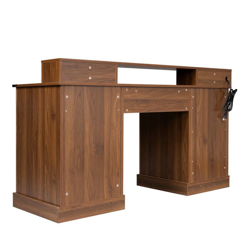 59" Executive Desk with Drawers, Farmhouse Home Office Desk Wood Computer Desk with Charging Station, Keyboard Tray