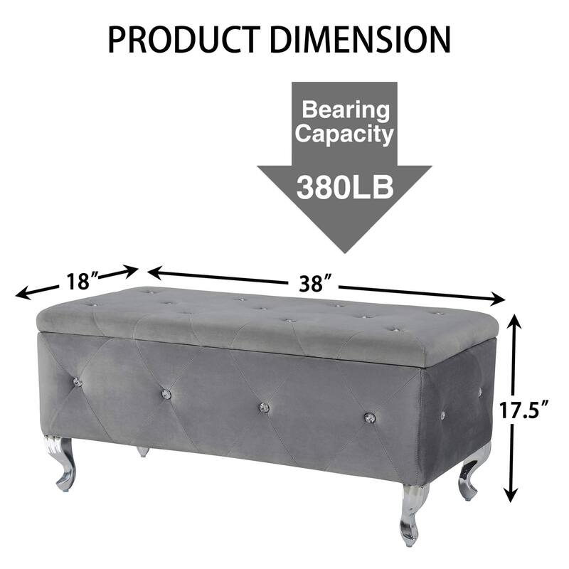 Decorative Bench Makeup Bench with Crystal Buttons, Exquisite Storage Bench Padded Seat with Safety Hinged Flap