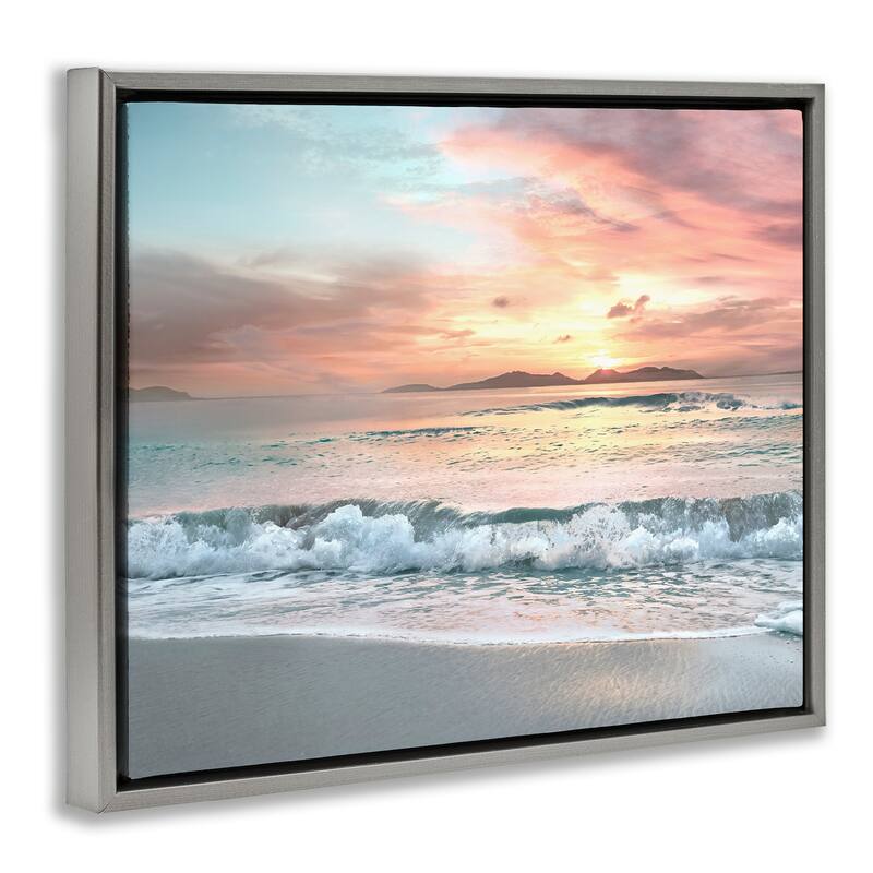 Stupell Morning Sunrise Beach Landscape Distant Mountains Rolling Tide Floater Frame - Orange