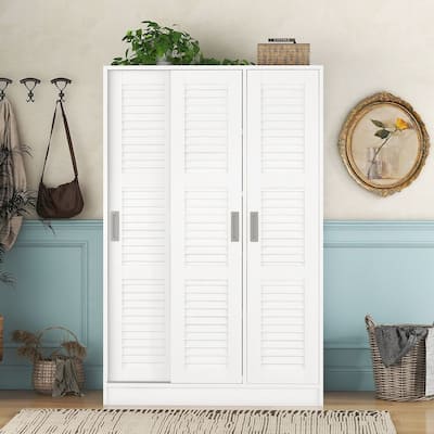 Modern 3-Door Shutter Armoire Wardrobe with Storage Shelves and Hanging Rod