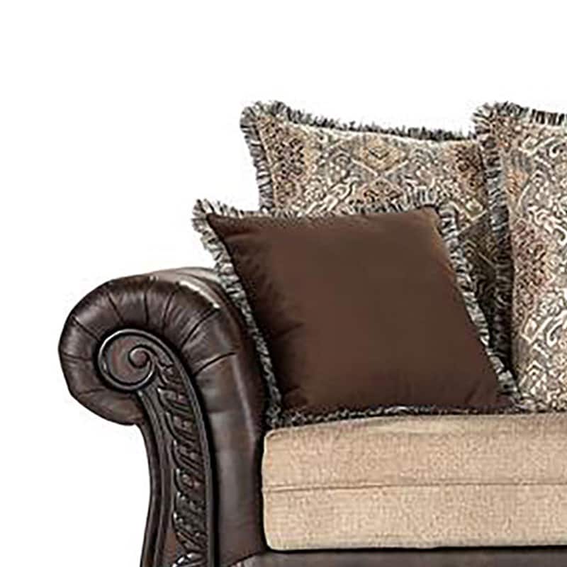 Miva 2pc Living Room Sofa Set, Carved Wood Accents, Brown Faux Leather
