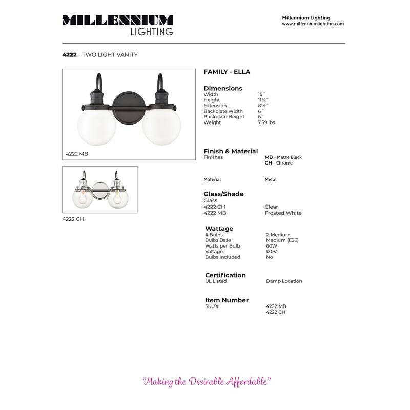 Millennium Lighting Ella Wall Light in Matte Black